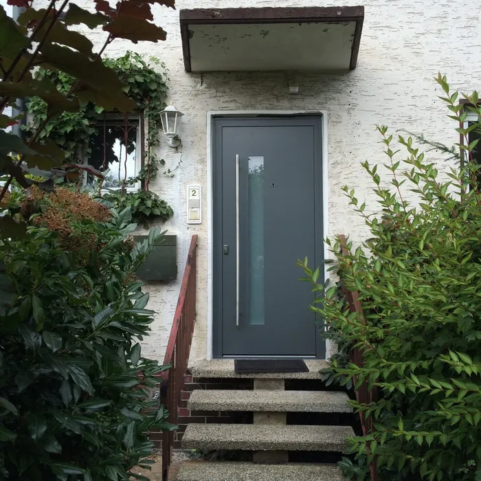 Graue Haustür, umgeben von Bepflanzung