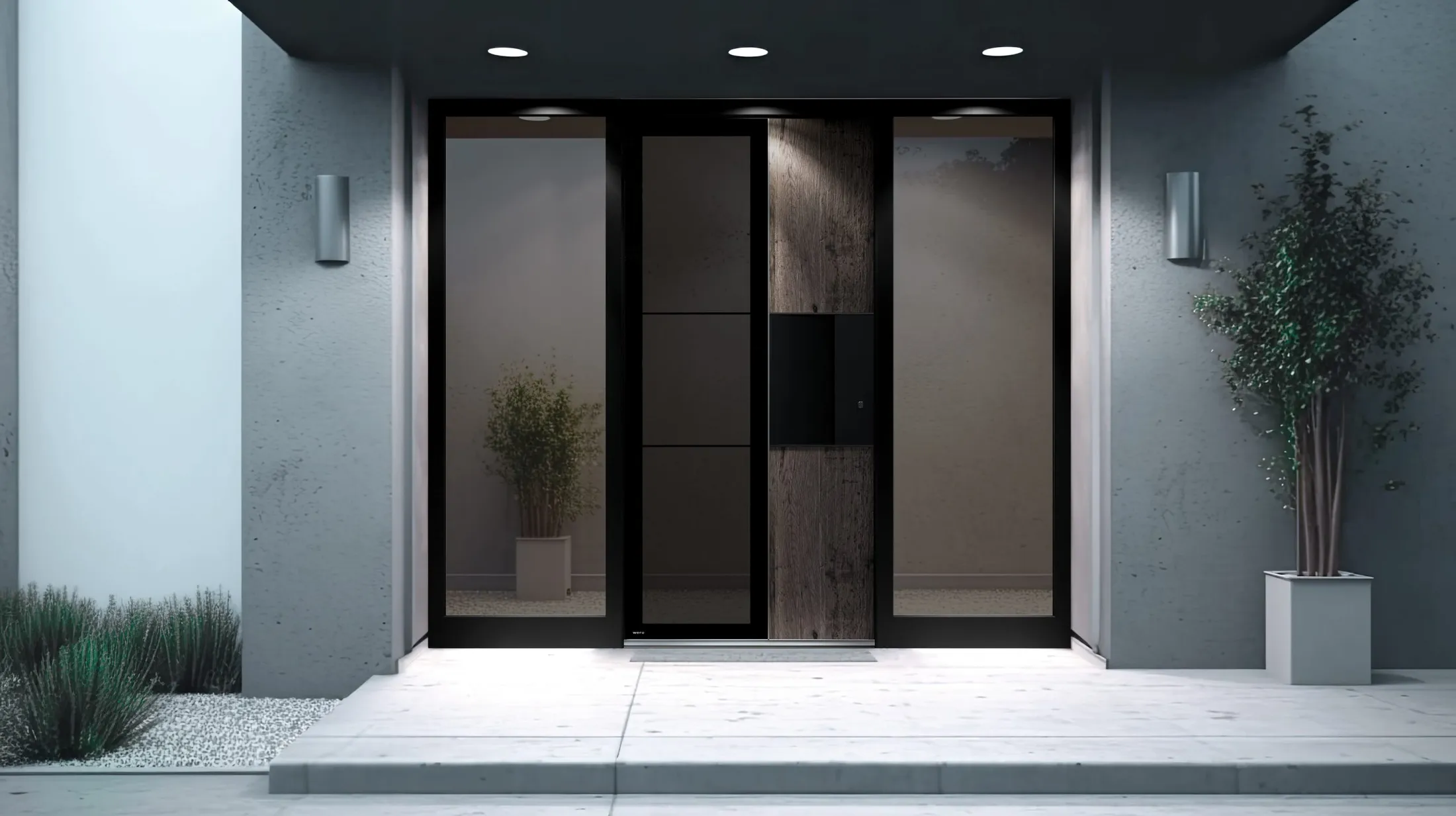 Schwarze Aluminium-Haustür mit Holzapplikation an einem modernen Hauseingang